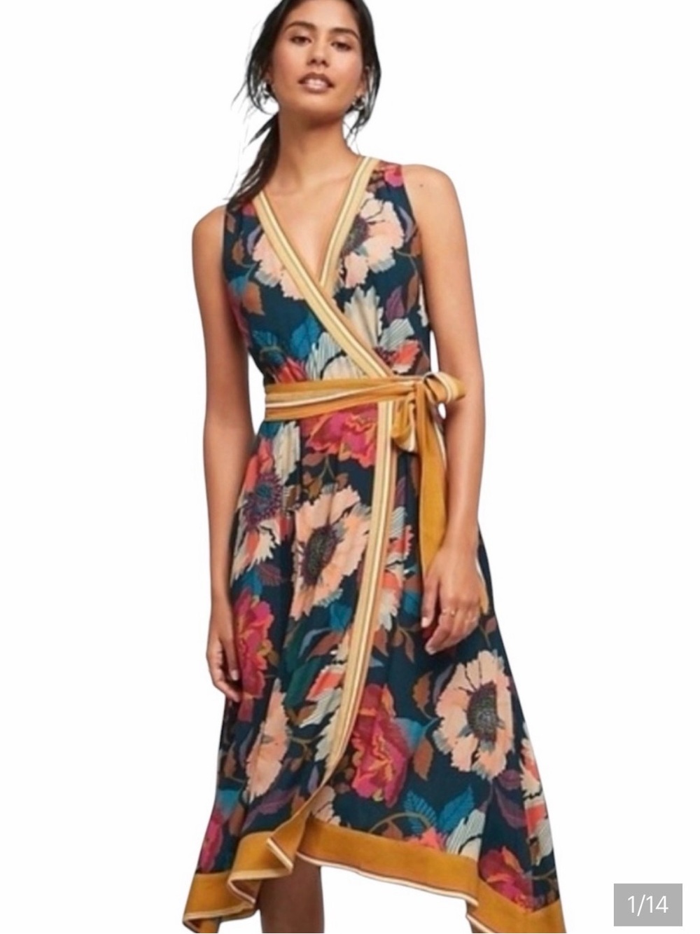 Maeve Anthropologie Floral Asymmetrical Wrap Dress with Yellow Trim